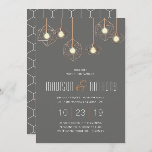 Geo Lights Charcoal Gray Modern Geometric Wedding Einladung (Vorne/Hinten)