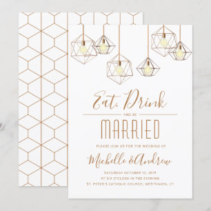 Geo Lights trinken und Verheiratete White Wedding Einladung