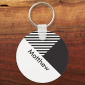 Geo Minimal Schwarz-weiß Stripes Individuelle Name Schlüsselanhänger (Vorderseite)