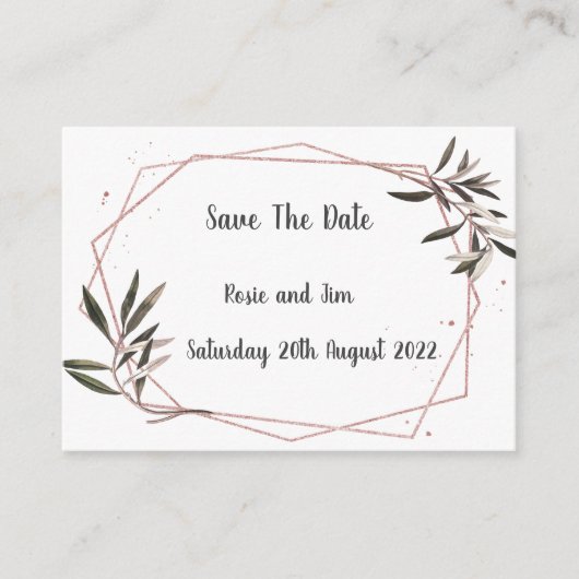 Geo Olive Leaf Save the Date Karte (Vorderseite)