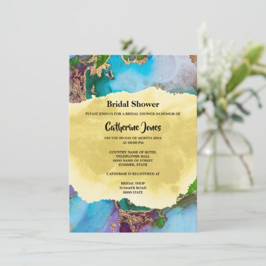 Geode abstrakte Pfauenfarben Aquarellfärbung Einladung (Stehend Vorderseite)