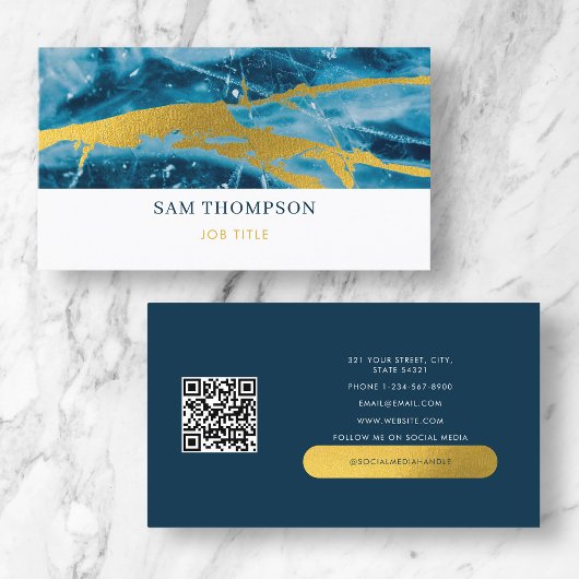 Geode Agate Blue Gold Social Media QR Visitenkarte