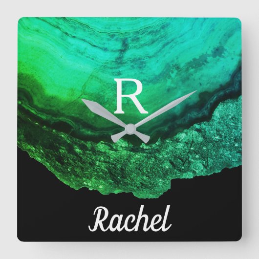 Geode Agate Monogram Initials Name Template Green Quadratische Wanduhr (Vorderseite)