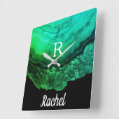 Geode Agate Monogram Initials Name Template Green Quadratische Wanduhr (Winkel)