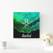 Geode Agate Monogram Initials Name Template Green Quadratische Wanduhr (Zuhause)