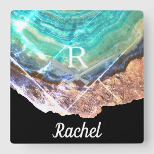 Geode Agate Monogram Name Template Green Sparkling Quadratische Wanduhr