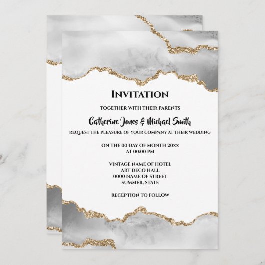 Geode Aquarellfarben Imitate goldweiß agieren eleg Einladung (Vorne/Hinten)