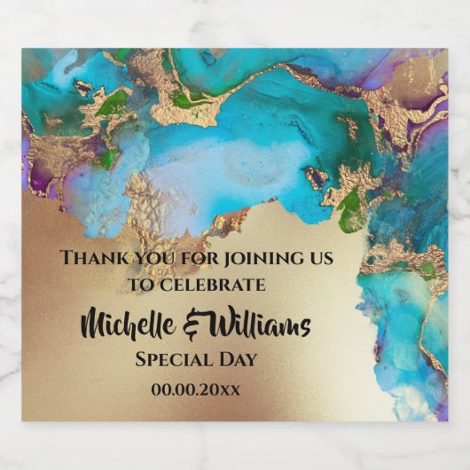 Geode Imitate Gold agieren Aquarellpfauenblauer Ch Schaumweinetikett (Einzelnes Label)