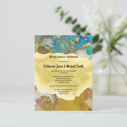 Geode Imitate goldblau-kristalline Aquarellfarbe Einladungspostkarte (Stehend Vorderseite)