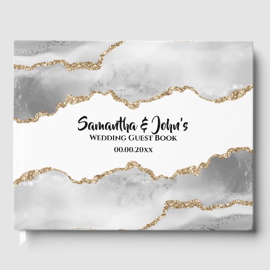 Geode white agate Aquarellfarben Imitate Goldchic Gästebuch (Vorderseite)