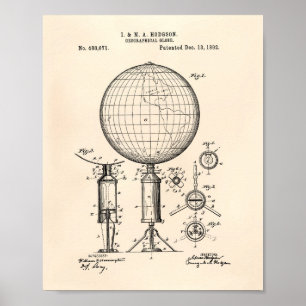 Geografische Globe 1892 Patent Art Old Peper Poster