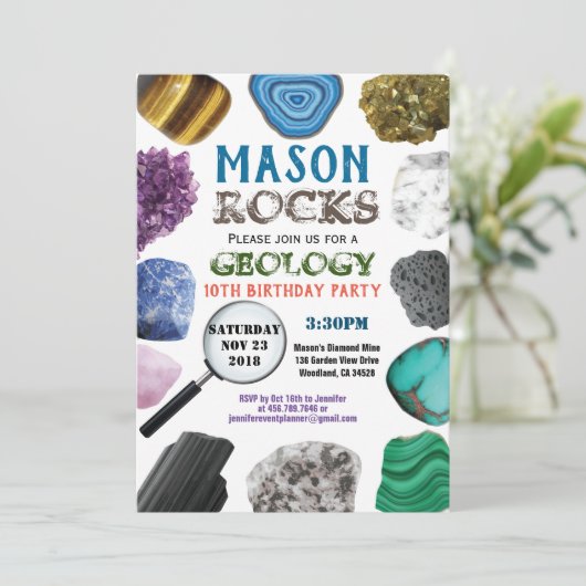 Geology Birthday Party Rocks Gemstones Kristalle Einladung (Stehend Vorderseite)