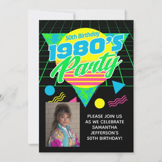 Geometric 1980s 80s 50th Photo Birthday Party Einladung (Vorderseite)
