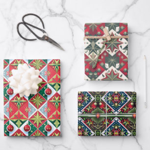 Geometric 50-60er Weihnachtsfarben rot-grün Geschenkpapier Set
