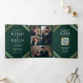 Geometric Art Deco Emerald Gold QR Code Wedding Dreifach Gefaltete Einladung (Innenseite)