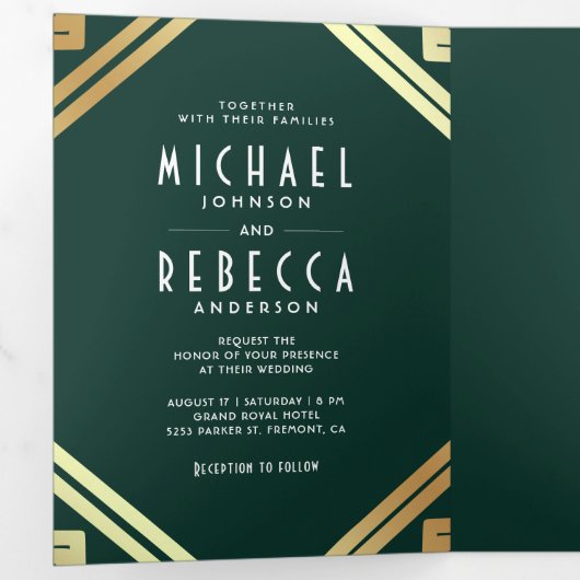 Geometric Art Deco Emerald Gold QR Code Wedding Dreifach Gefaltete Einladung (Innen Erste Seite)