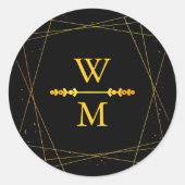 Geometric Black and Gold Monogram Wedding Favor Runder Aufkleber (Vorderseite)