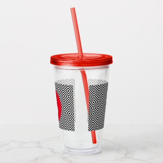 Geometric Black and White Pattern Red Monogram Acryltrinkbecher (Links)