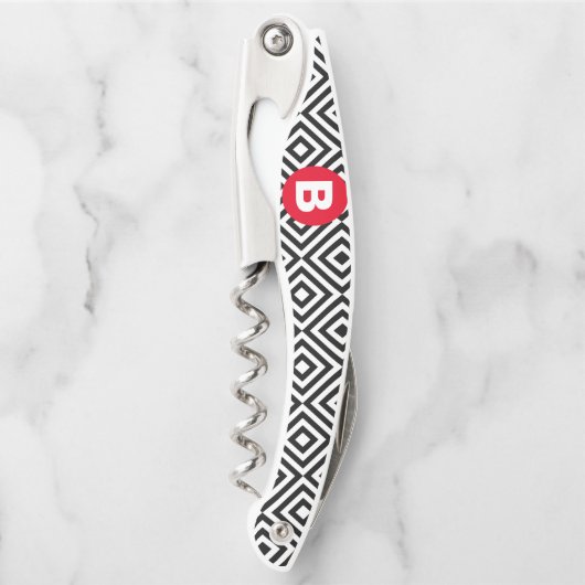 Geometric Black and White Pattern Red Monogram Kellnermesser (Vorderseite)