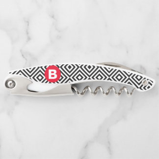 Geometric Black and White Pattern Red Monogram Kellnermesser