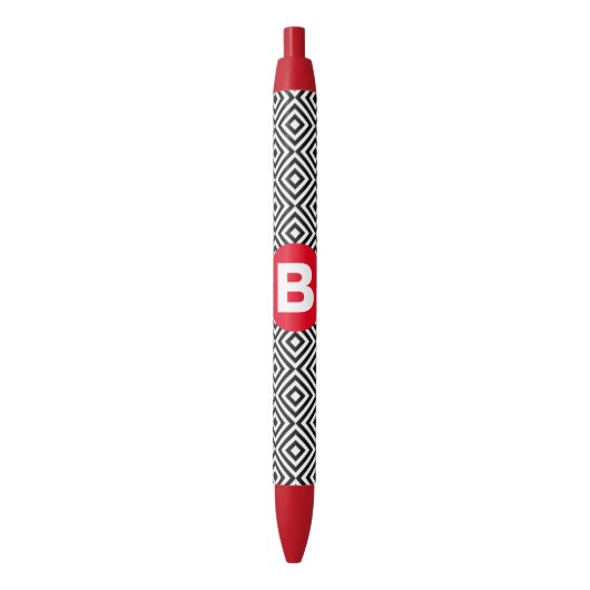 Geometric Black and White Pattern Red Monogram Kugelschreiber (Vorderseite Vertikal)