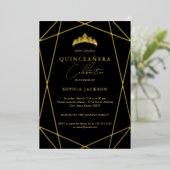 Geometric Black Gold Elegant Quinceanera 15. Folieneinladung (Stehend vorne)