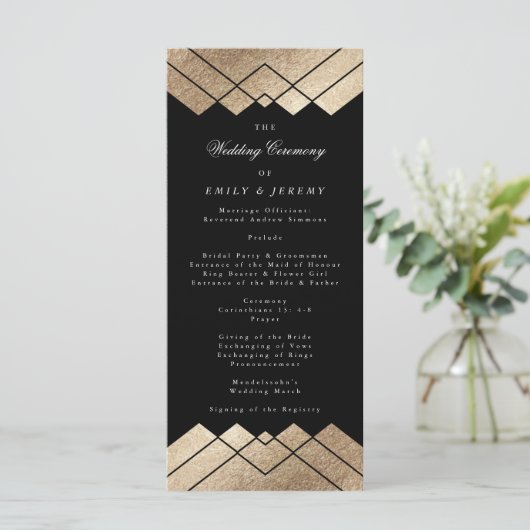Geometric Black Gold Gatsby Wedding Program Programm (Stehend Vorderseite)
