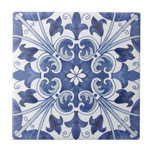 Geometric Blue and White Lisbon Ceramic Tile Art Fliese (Vorderseite)