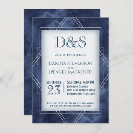 Geometric Blue Art Deco | Moderne Monogramm-Hochze Einladung