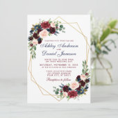 Geometric Blue Burgundy Floral Wedding Einladung (Stehend Vorderseite)