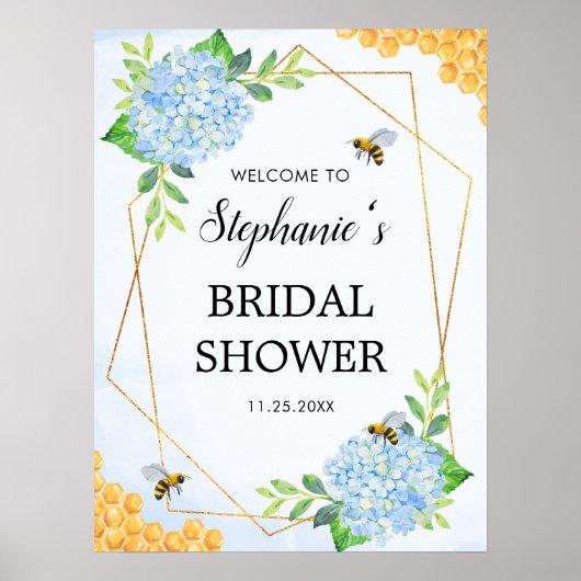 Geometric Blue Hydrangea Honey Bee Brautparty Poster (Vorne)