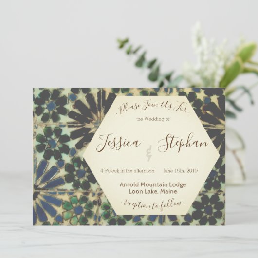 Geometric Blue Tiles Wedding Einladung (Stehend Vorderseite)