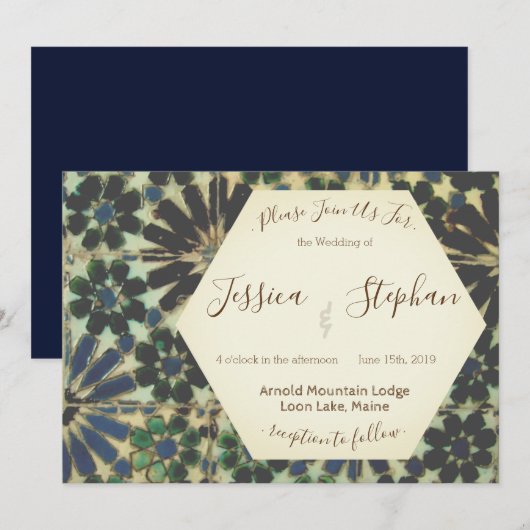 Geometric Blue Tiles Wedding Einladung (Vorne/Hinten)