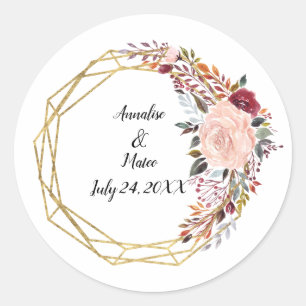 Geometric Boho Floral Wedding Couple Names & Date Runder Aufkleber