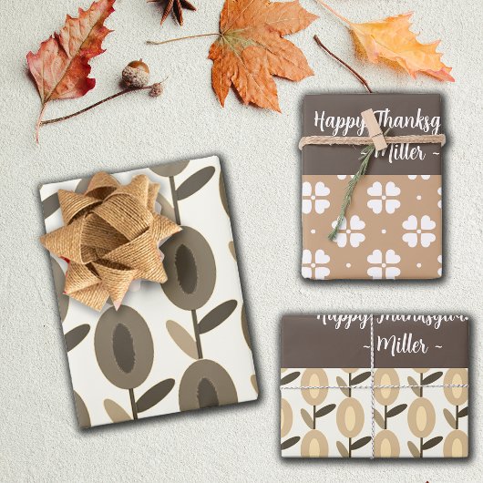 Geometric Brown Florals Individuelle Name Geschenkpapier Set