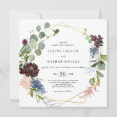 Geometric Burgundy Blumen und Grüne Hochzeit Einladung (Vorderseite)