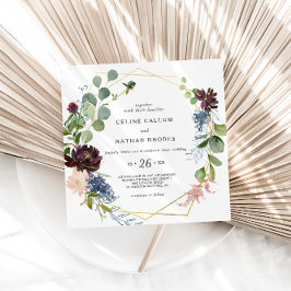 Geometric Burgundy Blumen und Grüne Hochzeit Einladung