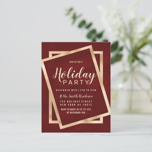 Geometric Chic Gold Burgundy Red Holiday Party Einladungspostkarte (Stehend Vorderseite)