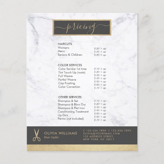 Geometric Chic Gold Scissors Marmorhaar Stylist Flyer (Vorne)