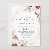 Geometric Classic Gold Burgundy White Floral Boda Einladung (Vorderseite)