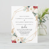 Geometric Classic Gold Burgundy White Floral Boda Einladung (Stehend Vorderseite)