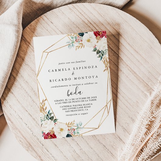 Geometric Classic Gold Burgundy White Floral Boda Einladung