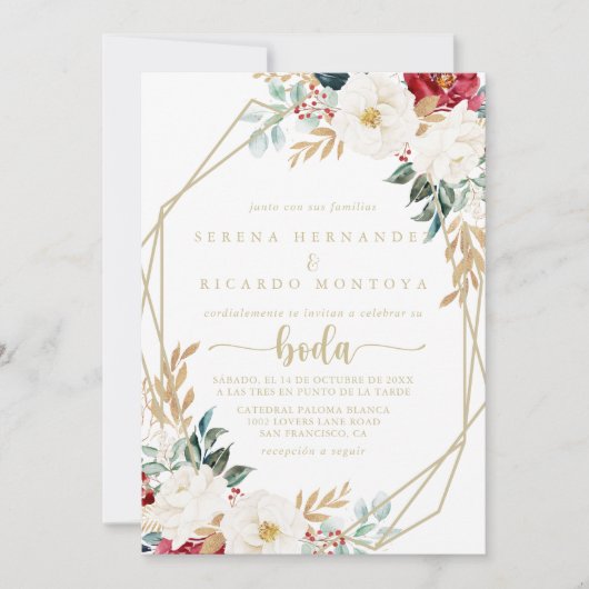 Geometric Classic Gold Floral Spanish Wedding Einladung (Vorderseite)