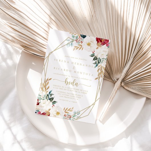 Geometric Classic Gold Floral Spanish Wedding Einladung