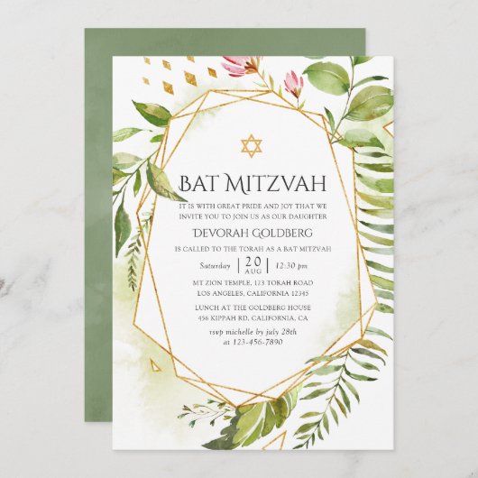 Geometric Crystal Greenery Bat Mitzvah Einladung (Vorne/Hinten)