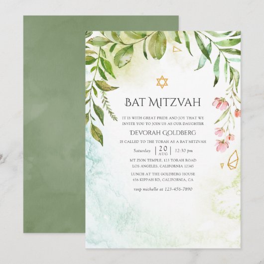 Geometric Crystal Greenery Bat Mitzvah Einladung (Vorne/Hinten)
