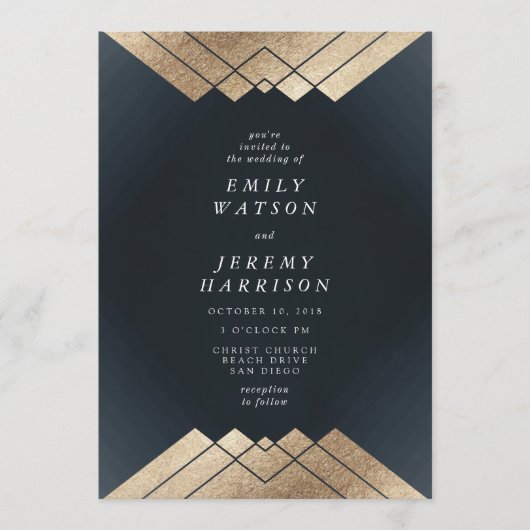 Geometric Dark Navy Gold Gatsby Wedding Einladung (Vorderseite)