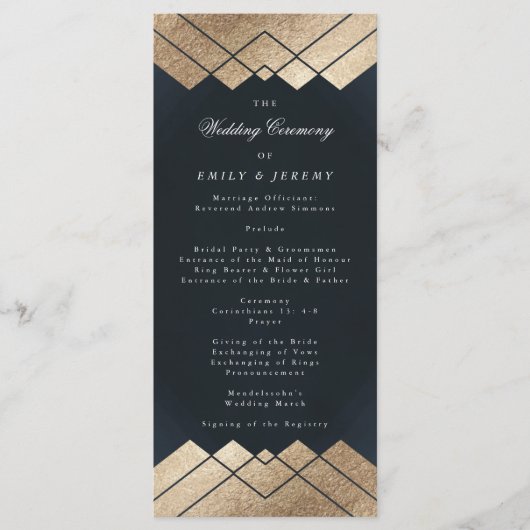 Geometric Dark Navy Gold Gatsby Wedding Programm (Vorderseite)