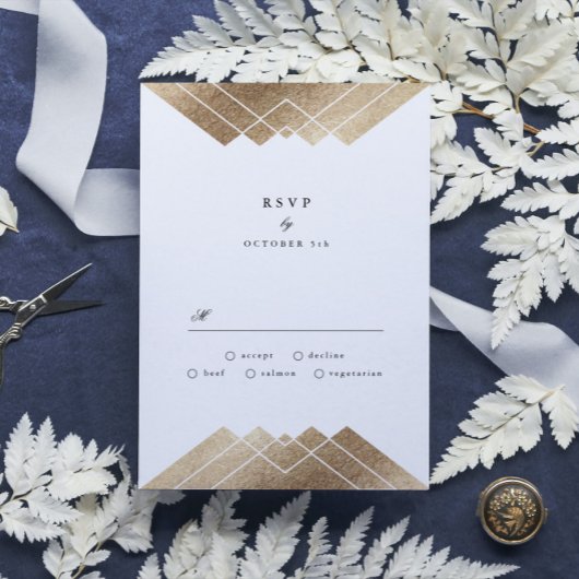 Geometric Dark Navy Gold Gatsby Wedding RSVP Karte