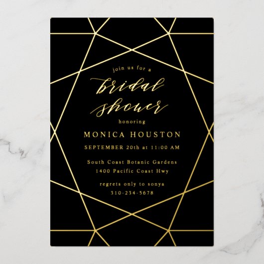 Geometric Diamond Elegantes Black Brautparty Gold Folieneinladung (Vorderseite)